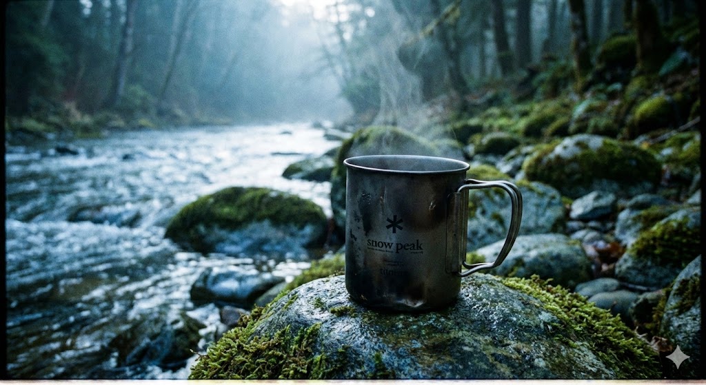 唇に触れるチタン。Snow Peakのマグは、冷めたコーヒーすら美味くする。