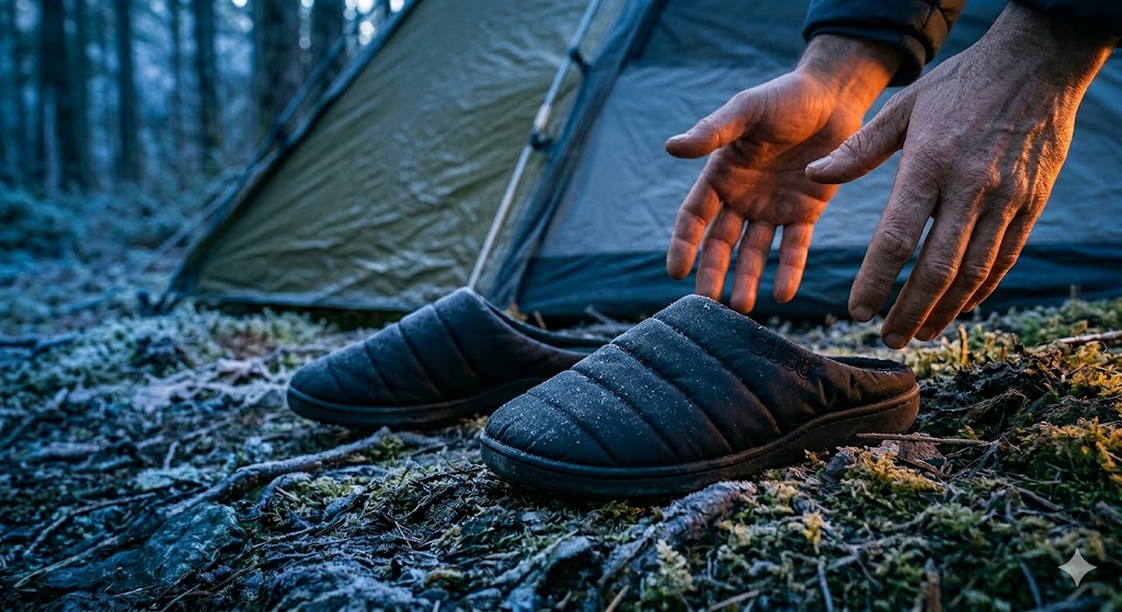 ダウンを履く。SUBUサンダルが越える、テントと世界の境界線。